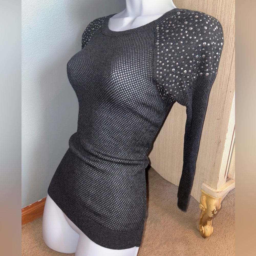 Express sheer mesh thermal top, Charcoal with rhinestones, size Small/Petite - Picture 3 of 9